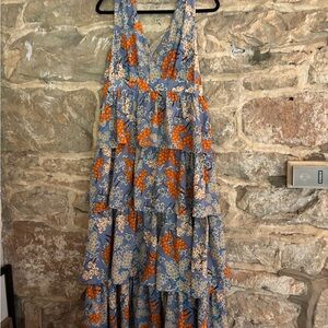 Traffic People Orange and Blue Tiered Maxi Sundress